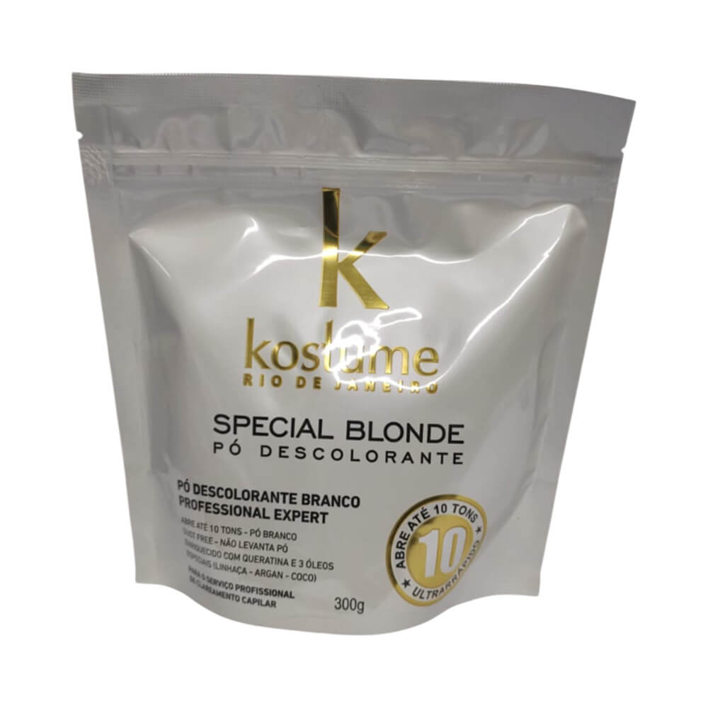 Pó Descolorante Kostume Special Blonde Branco 300g em embalagem pouch branca vista em ângulo frontal